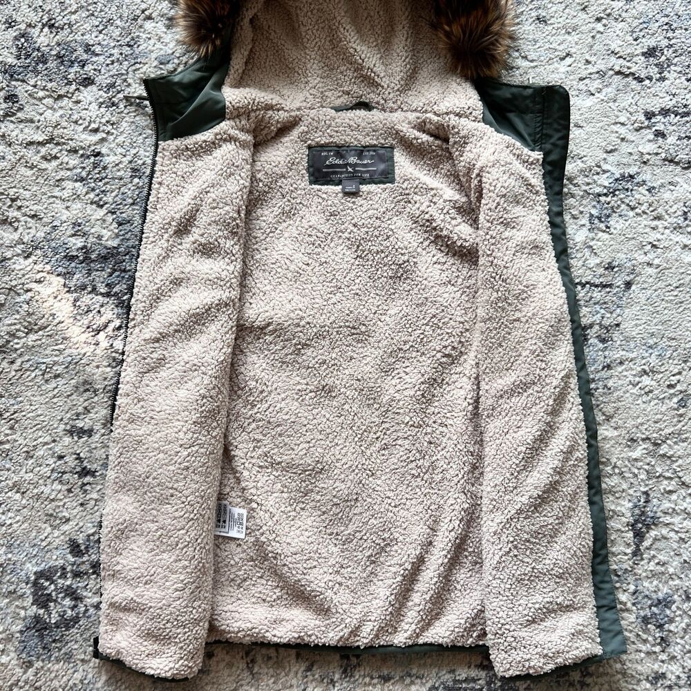 Eddie Bauer Quilted Vest Women's S Olive Faux Fur Hood Sherpa Lined - Picture 4 of 10